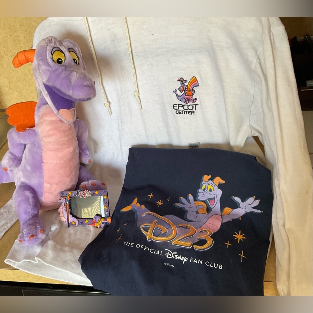 Disney: Epcot Center vintage 80’s figment bundle/set of 4  2 shirts,plush,frame.
